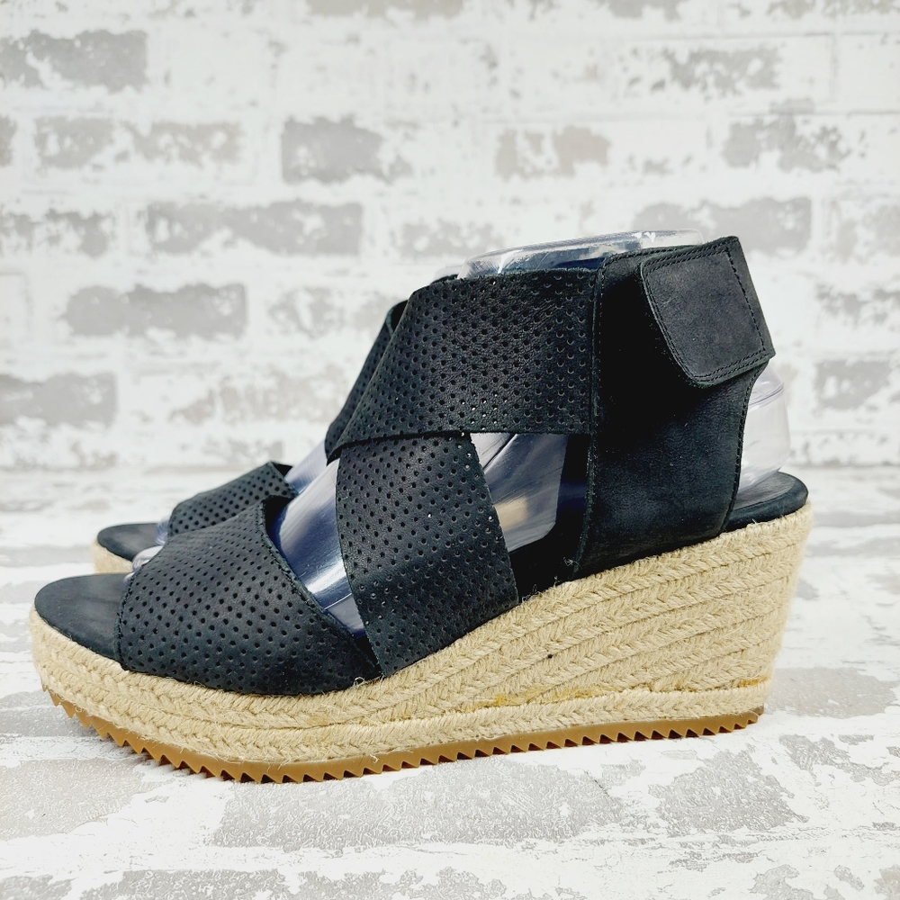 Eileen Fisher Willow Black Perforated Strappy Wedge Espadrille Sandals